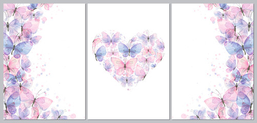 Triptych of frames and hearts with delicate, purple and pink butterflies. Watercolor illustration. For posters, postcards, certificates, invitations, announcements, beauty salon, wedding, birthday