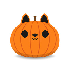 Happy halloween greeting card with pumpkin in cat costume Holidays cartoon character. Pumpkin head.