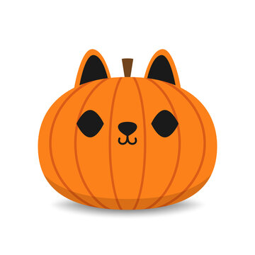 Happy halloween greeting card with pumpkin in cat costume Holidays cartoon character. Pumpkin head.