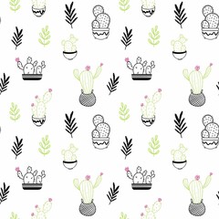 Cacti and leaves doodle seamless repeat pattern in lime green black and fuchsia
