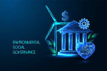 Concept of environmental social governance ESG investment in futuristic glowing style on dark blue