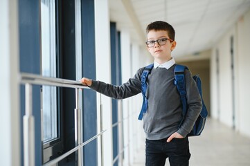 Schoolboy with schoolbag and books in the school. Education concept. Back to school. Schoolkid going to class. Stylish boy with backpack. Boy ready to study.