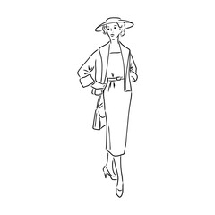 Black and white retro fashion model in sketch style. Hand drawn vector illustration