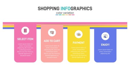 Concept of shopping process with 4 successive steps. Four colorful graphic elements. Timeline design for brochure, presentation, web site. Infographic design layout.