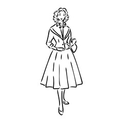 Black and white retro fashion model in sketch style. Hand drawn vector illustration