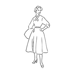 Black and white retro fashion model in sketch style. Hand drawn vector illustration