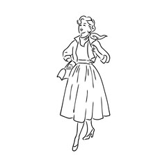 Black and white retro fashion model in sketch style. Hand drawn vector illustration