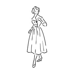 Black and white retro fashion model in sketch style. Hand drawn vector illustration