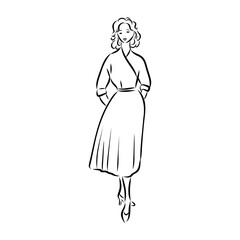 Black and white retro fashion model in sketch style. Hand drawn vector illustration