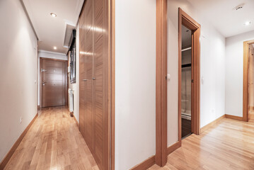 Corridor of a house with several doors and access to different rooms with wooden cabinets matching the doors and light oak parquet flooring