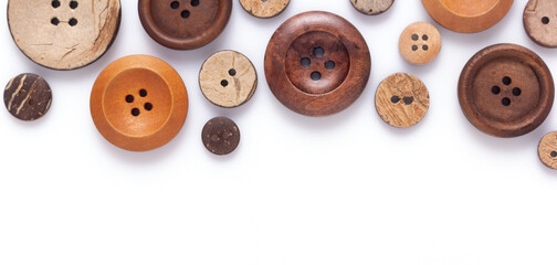 Button isolated on white  background. Wooden buttons collection closeup