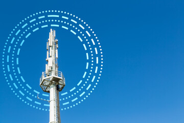 Cellular communication antenna tower with modern radio waves illustration.