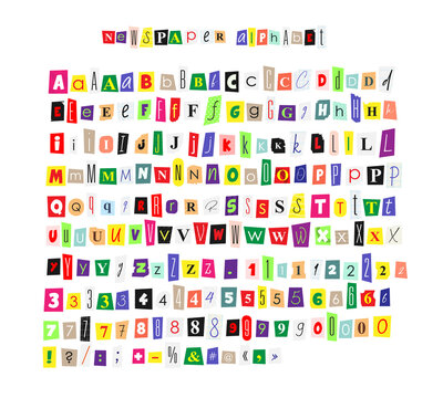 Nnewspaper magazine alphabet collage ABC handmade cutting text numbers and punctuation marks