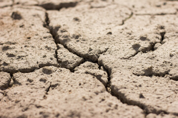 closeup grey-brown soil and sand with texture and with cracks against blurred background
