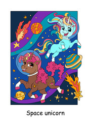Cute unicorns in space color vector illustration