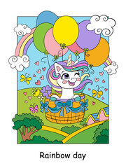 Cute unicorn flying on air balloons color illustration