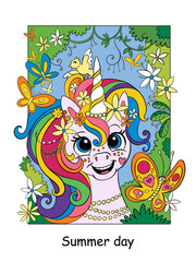 Cute dreaming unicorn with with butterflies color illustration