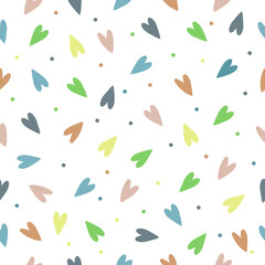 Fototapeta premium Simple hearts and dots seamless pattern.Flat design endless chaotic texture made of tiny heart silhouettes.Pastel hearts and dots on white background.Vector illustration