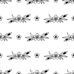 Small flower bouquets of wildflowers. Seamless monochrome floral pattern. Botanical ink illustration with floral motif. Hand-drawn black print for fabric, wrapping paper, wallpaper or any prints.