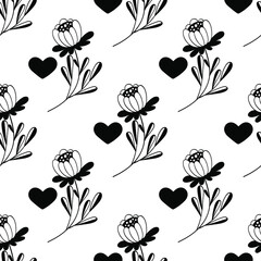 Seamless monochrome floral pattern. Black abstract flowers. Botanical ink illustration with floral motif. . Hand-drawn black print for fabric, wrapping paper, wallpaper or any prints. 