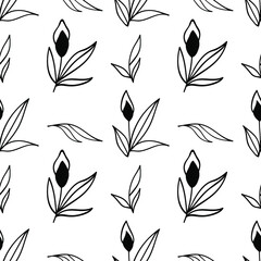 Elegant black flowers. Floral seamless pattern with blossom plant. Ornate template for design, textile, wallpaper, clothing, ceramics.