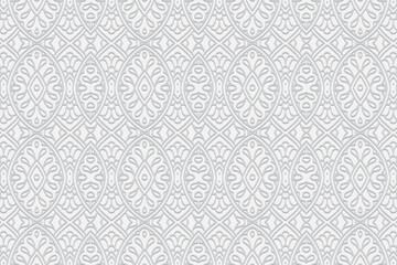 Embossed white background, ethnic cover design. Geometric openwork 3D pattern. Tribal ornaments based on East, Asia, India, Mexico, Aztecs, Peru for design and decor.
