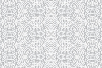 Embossed white background, ethnic cover design. Geometric abstract lace 3D pattern. Tribal ornaments based on East, Asia, India, Mexico, Aztecs, Peru for design and decor.