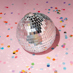 Shiny disco ball and colorful confetti on pastel light pink background. Trendy party symbols...
