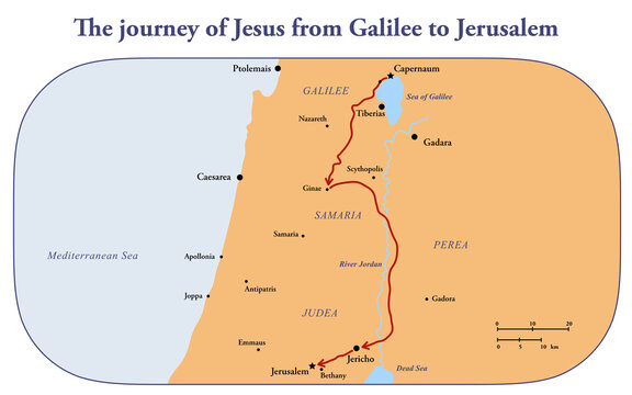 The journey of Jesus Christ from Galilee to Jerusalem