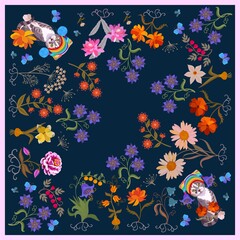 Baby scarf with fashionistas cats, blue butterflies and garden flowers on a dark blue background in vector.