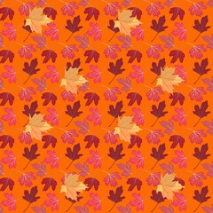 Fallen autumn leaves of golden currant and maple on a bright orange background in vector. Seamless print for fabric.