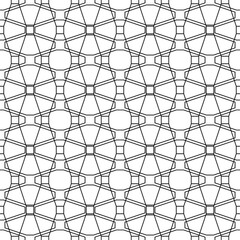 Repeated black figures and lines. Geometric wallpaper. Seamless surface pattern design with overlapping elongated octagons and squares. Lacy motif. Digital paper for textile print, web designing.