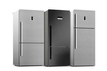Three different refrigerators on white background. Group of home freezer for household.