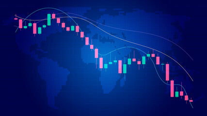 Cryptocurrency loss graph on blue world map.