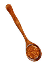 Wooden spoon with Bavarian mustard on a white background.