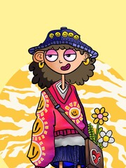 Girl with flowers. Hippie style. Illustration for background and wallpaper.