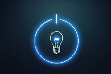 Idea concept. Turn light bulb, switch idea on neon light, innovation, brainstorm, symbol. Copy space.