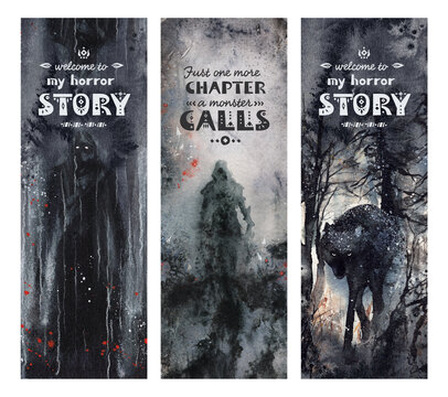 Bookmark for Horror books with monsters and wolf, Magic fantasy illustrations, demons in the dark magical forest, whimsical evil creatures. Ready to print bookmark template with motivation text. 