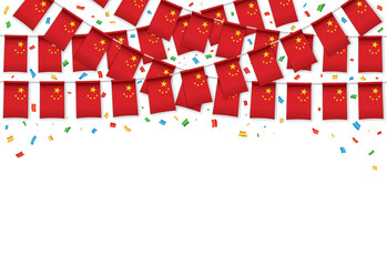 China flag garland white background with confetti, Hang bunting for Chinese Independence Day celebration template banner, Vector illustration