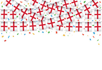England flag garland white background with confetti, Hang bunting for England Independence Day celebration template banner, Vector illustration