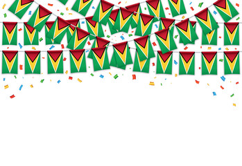 Guyana flag garland white background with confetti, Hang bunting for Guyana independence day celebration template banner, Vector illustration