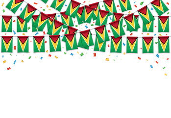 Obraz premium Guyana flag garland white background with confetti, Hang bunting for Guyana independence day celebration template banner, Vector illustration