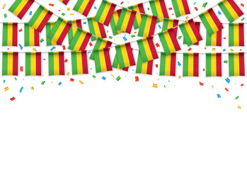 Mali flag garland white background with confetti, Hanging bunting for Malian independence Day celebration template banner, Vector illustration