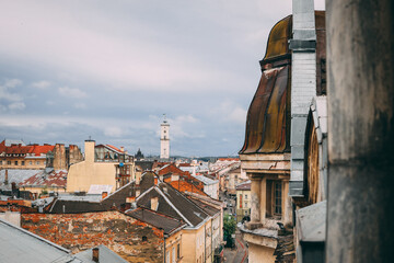 Fototapeta na wymiar Top view of the city of Lviv, Ukraine. Roofs of old houses