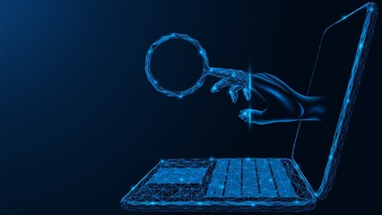 Analysis and collection of user data. A hand with a magnifying glass finger sticks out of the laptop monitor. Low-poly design of interconnected lines and dots. Blue background.