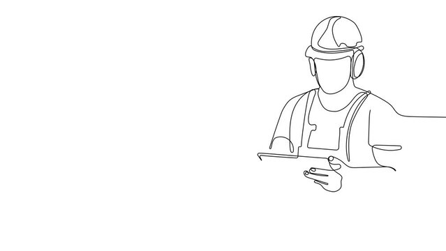 Continuous one line drawing of Surveyor with helmet on head with a tripod. High quality FullHD 4k footage
