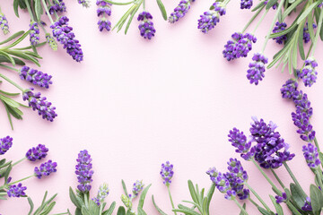 Flowers composition, frame made of lavender flowers on pastel background. - 515934469