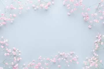 Beautiful flower background of pink gypsophila flowers. Flat lay, top view. Floral pattern.