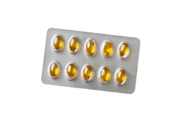 blister yellow oil omega 3 gel capsules isolated on white background top view