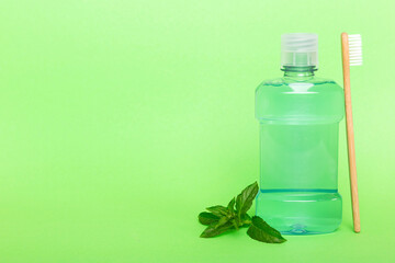 Mouthwash and fresh mint on colored background, top view with copy space for text